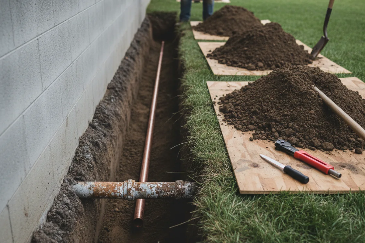 Excavated water line trench during Water Softener Installation in La Honda